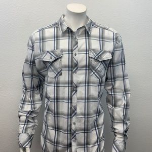 BKE Buckle Men’s Western White Gray Blue Long Sleeve Plaid Shirt Size XXL 2XL